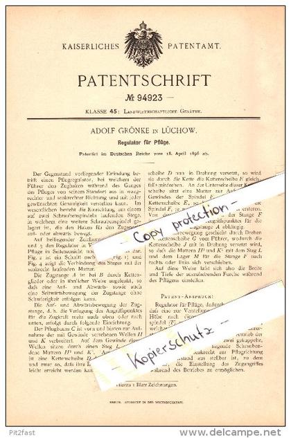 Original Patent - Adolf Grönke in Lüchow , 1896 , Regulator für Pflüge , Landwirtschaft !!!