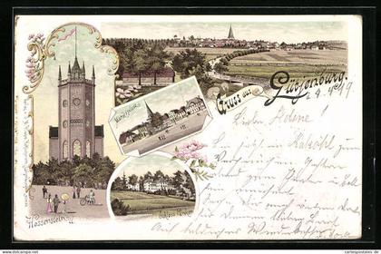 Lithographie Lütjenburg, Panorama der Stadt, Hessenstein, Marktplatz