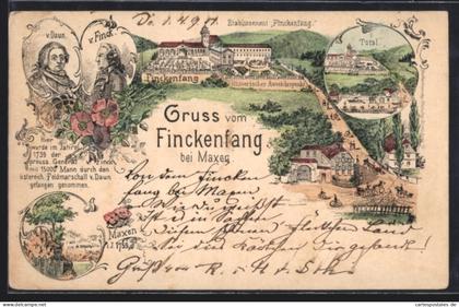 Lithographie Maxen, Gasthof Finckenfang, Porträts v. Daun und v. Finck
