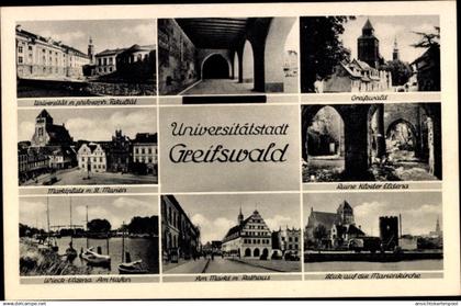 CPA Hansestadt Greifswald, Universität, Ruine Kloster Eldena, Marktplatz mit St. Marien, Rathaus