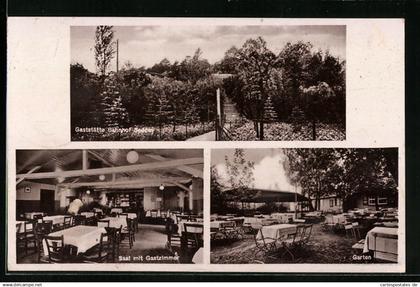 AK Neuseddin über Michendorf, Gasthaus Bahnhof Seddin, Innenansicht Saal mit Gastzimmer, Garten