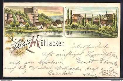 Lithographie Mühlacker, Ortsansicht mit Burgruine Löffelstelz, Blick übers Wasser