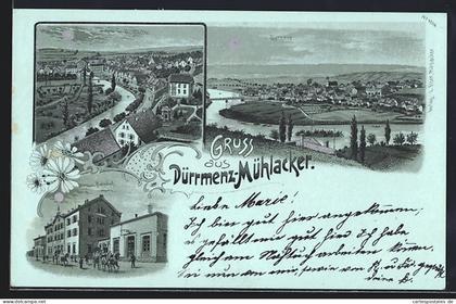 Mondschein-Lithographie Dürrmenz-Mühlacker, Bahnhof und Flusspartie