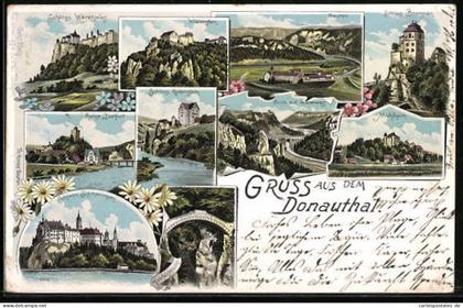Lithographie Mühlheim, Ortsansicht, Schloss Werenwag und Wildenstein