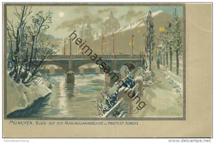 München - Blick auf die Maximiliansbrücke und Protestantische Kirche - signiert Zeno Diemer gel. 1898