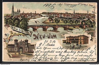 Lithographie Neu-Ulm, Bahnhof, Friedrichskaserne, Ortsansicht