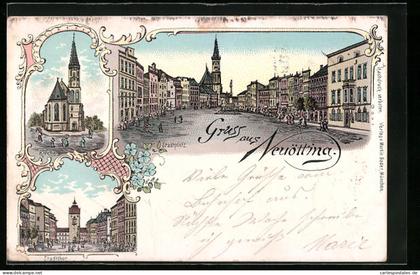 Lithographie Neuötting, Stadtplatz, Stadttor, Kirche