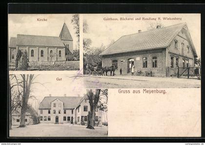 AK Meyenburg, Kirche, Gasthaus Bäckerei und Handlung H. Wiekenberg, Gut