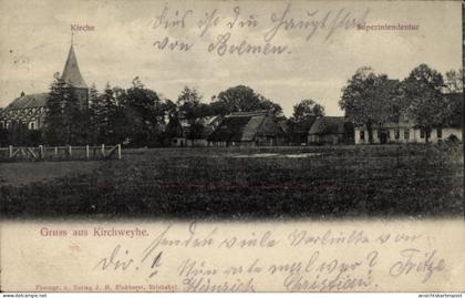 CPA Kirchweyhe Weyhe Niedersachsen, Kirche, Superintendentur, Gruss aus Fotograf J. R. Elokhoras