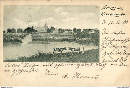 CPA Kirchweyhe Weyhe Niedersachsen, Landschaft mit Kühen, Kirche im Hintergrund, Wasser, Gräser
