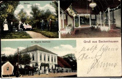 CPA Seckenhausen Stuhr in Niedersachsen, H. Meyers Gasthaus, Straßenansicht, Garten, Saal, Bar, Bühne