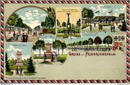 Lithographie Friedrichsfeld Voerde am Niederrhein, Kriegerdenkmal, Offizierkasino, Franzosenfriedhof