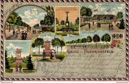 Lithographie Friedrichsfeld Voerde am Niederrhein, Kriegerdenkmal, Offizierkasino, Franzosenfriedhof