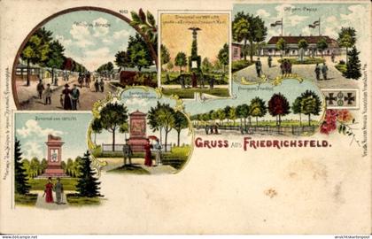 Lithographie Friedrichsfeld Voerde am Niederrhein, Kriegerdenkmal, Offizierkasino, Franzosenfriedhof