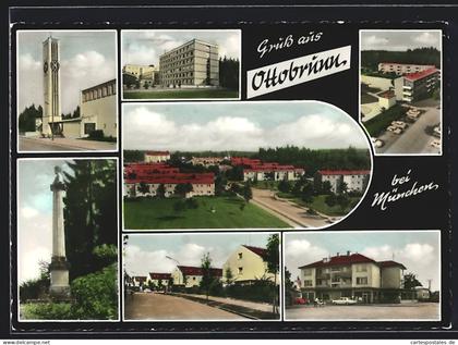 AK Ottobrunn bei München, Strassenpartie mit Kirche, Hochhäuser, Denkmal