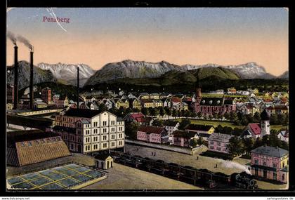 AK Penzberg, Ortsansicht mit Fabrik, Bahnhof und Bergpanorama