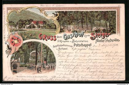 Lithographie Nieder-Pesterwitz, Gasthof zum Steiger, Weisseritz-Stollen & Musikpavillon, Ortspartie