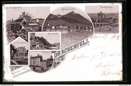 Lithographie Königswinter, Ruine Drachenfels, Petersberg und Königswinter