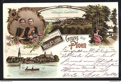 Lithographie Plön, Prinzenhaus, Schwanensee, Aussichtsturm