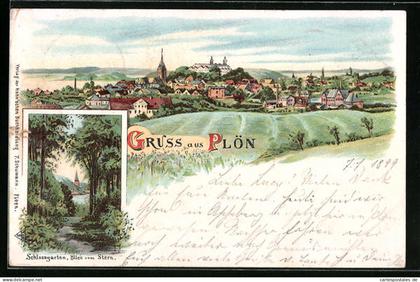 Lithographie Plön, Schlossgarten, Blick vom Stern, Panorama
