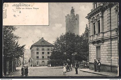 AK Pössneck, Strassenpartie mit weissem Turm