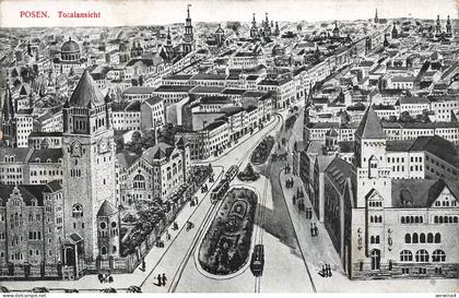 AK Posen Totalansicht Straßenbahn Posen 1917 gelaufen Postkarte