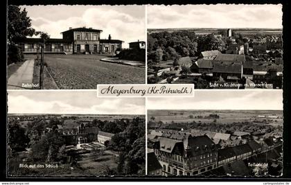 AK Meyenburg /Pritzwalk, Bahnhof, Blick auf das Schloss, Sicht vom Kirchturm mit Wasserturm