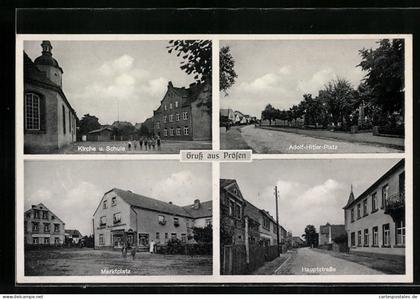 AK Prösen, Platz, Kirche und Schule, Marktplatz, Hauptstrasse