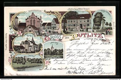 Lithographie Putlitz, Cantoratsgebäude, Markt mit Kaiser-Wilhelm-Denkmal, Kirche