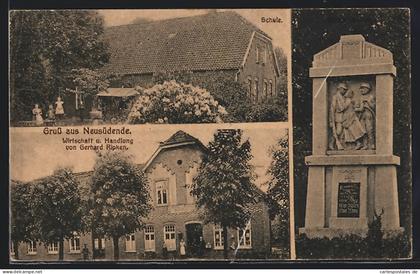 AK Neusüdende / Rastede, Gasthaus u. Handlung von Gerhard Ripken, Schule, Denkmal