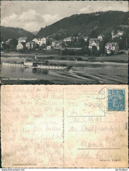 Ansichtskarte Rathmannsdorf (Sachsen) Blick auf den Ort, Elbdampfer 1957
