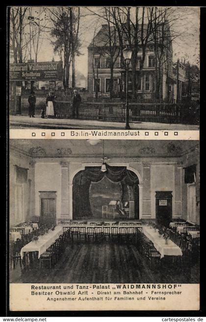 AK Berlin-Waidmannslust, Restauant und Tanz-Palast Waidmannshof, Bes. Oswald Arlt