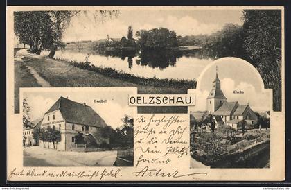 AK Oelzschau / Rötha, Ortsansicht mit Gasthof und Kirche