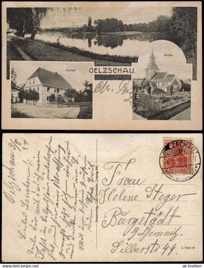 Ansichtskarte Oelzschau-Rötha Mehrbild-AK Gasthof OELZSCHAU u. Kirche 1921