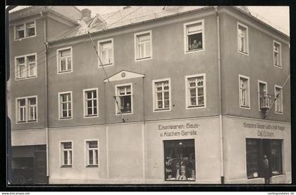 Foto-AK Rötha, Geschäft Emil Eichhorn in der Marienstrasse Ecke August-Bebel-Strasse