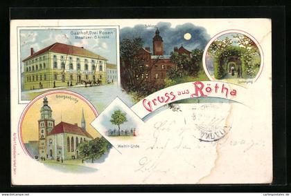 Lithographie Rötha, Gasthof Drei Rosen, Schloss bei Mondschein, Georgenkirche