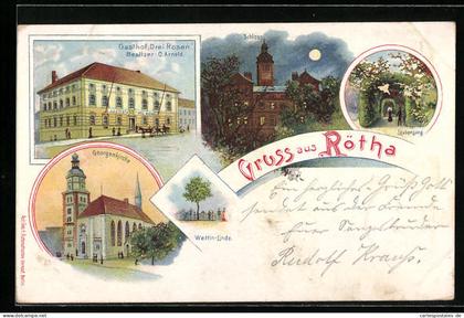 Lithographie Rötha, Schloss bei Vollmond, Gasthof Drei Rosen O. Arnold