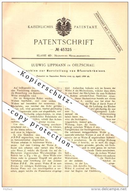 Original Patent - Ludwig Lippmann in Oelzschau b. Rötha , 1888 , Herstellung von Ofenrohren , Heizungsbau , Ofenbau !!!