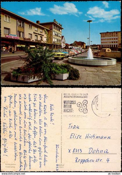 Ansichtskarte Rüsselsheim Friedensplatz, Geschäfte, div. Auto Modelle 1970