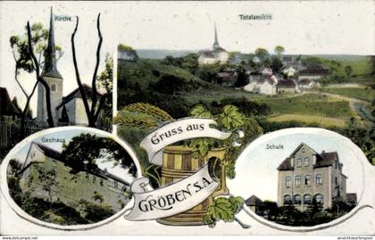 CPA Gröben Teuchern im Burgenlandkreis, Kirche, Gasthaus, Schule, Totalansicht