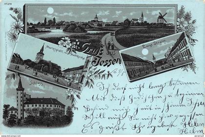 Gruss aus Jessen Lange Strasse Schloss Marktplatz Litho Postkarte AK 1898