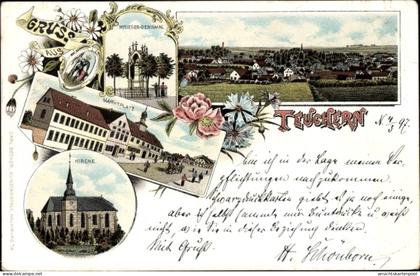 Lithographie Teuchern im Burgenlandkreis, Marktplatz, Kriegerdenkmal, Kirche, Totalansicht
