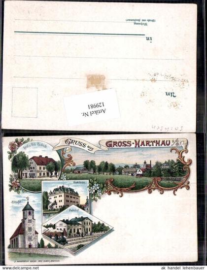 129981,Tolle Litho Gruss aus Gross Harthau großharthau Bahnhof Kirche Restauration Rüdrich Bautzen