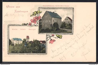 AK Kaufungen, Geschäftshaus von Gottlob Granz, Kirche, Schule, Rittergut