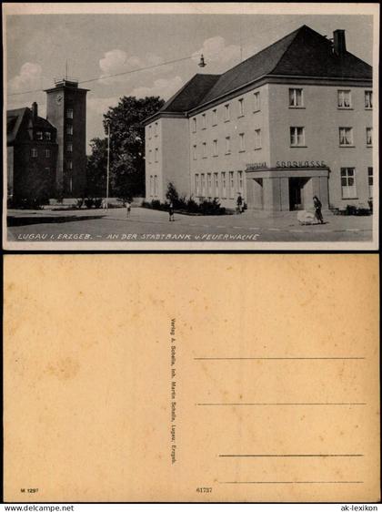 Ansichtskarte Lugau (Erzgebirge) Stadtbank Sparkasse und Feurwache 1934
