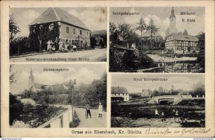 CPA Ebersbach Schöpstal Oberlausitz, Geschäft Gust. Sender, Bäckerei R. Kotz, Kirche, Straße, Brücke