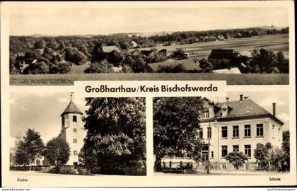 CPA Großharthau in Sachsen, Kirche, Schule, Panorama vom Ort