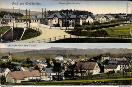 CPA Großharthau in Sachsen, Straßenpartie Neuer Bahnübergang, Aussicht nach dem Schloss
