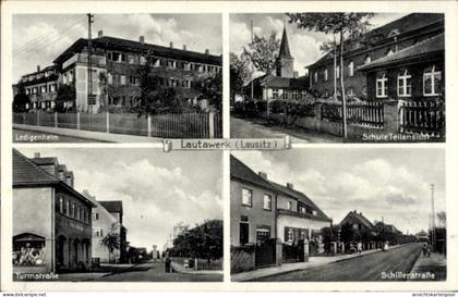 CPA Lautawerk Lauta in der Lausitz, Ledigenheim, Schule Teilansicht, Turmstraße, Schillerstraße