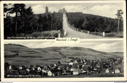 CPA Neudorf Sehmatal im Erzgebirge, Fichtelberg mit Autostraße, Bahnhof, Kirche, Panorama
